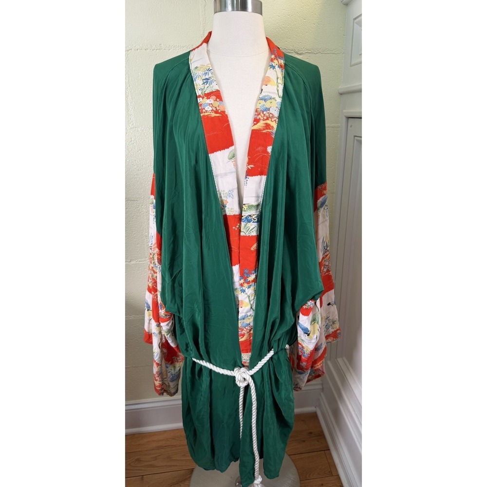 Handmade Kimono Style Robe Green w/ Japanese‎ Print Trim Cranes Floral 44" Boho